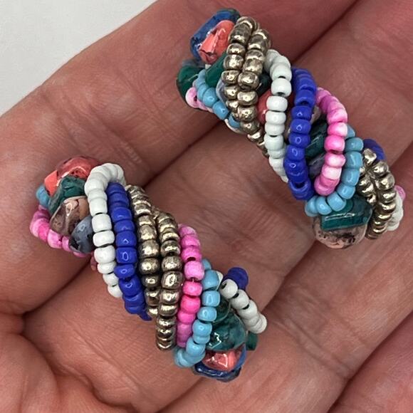 Vintage Earrings-Beaded Half Hoop- Turquoise-Coral-Hematite- Twirled Beads - Picture 5 of 5